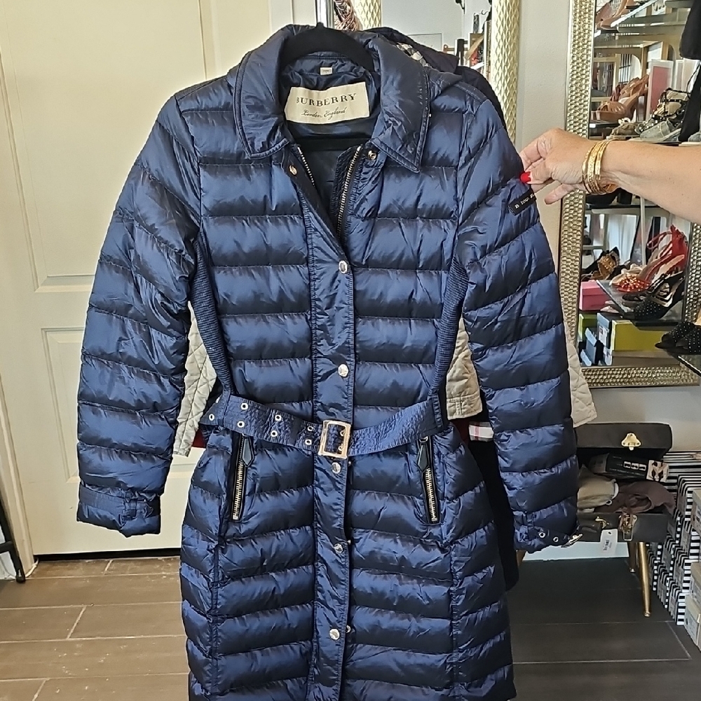 Burberry Blue Long Puffer Coat with Quilted Design and Matching Belt